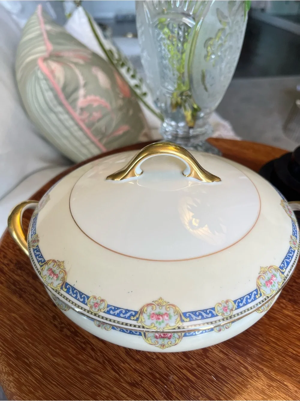 Antique Limoges France Superieur Covered Vegetable Dish-Cobalt&Pink Roses Tureen